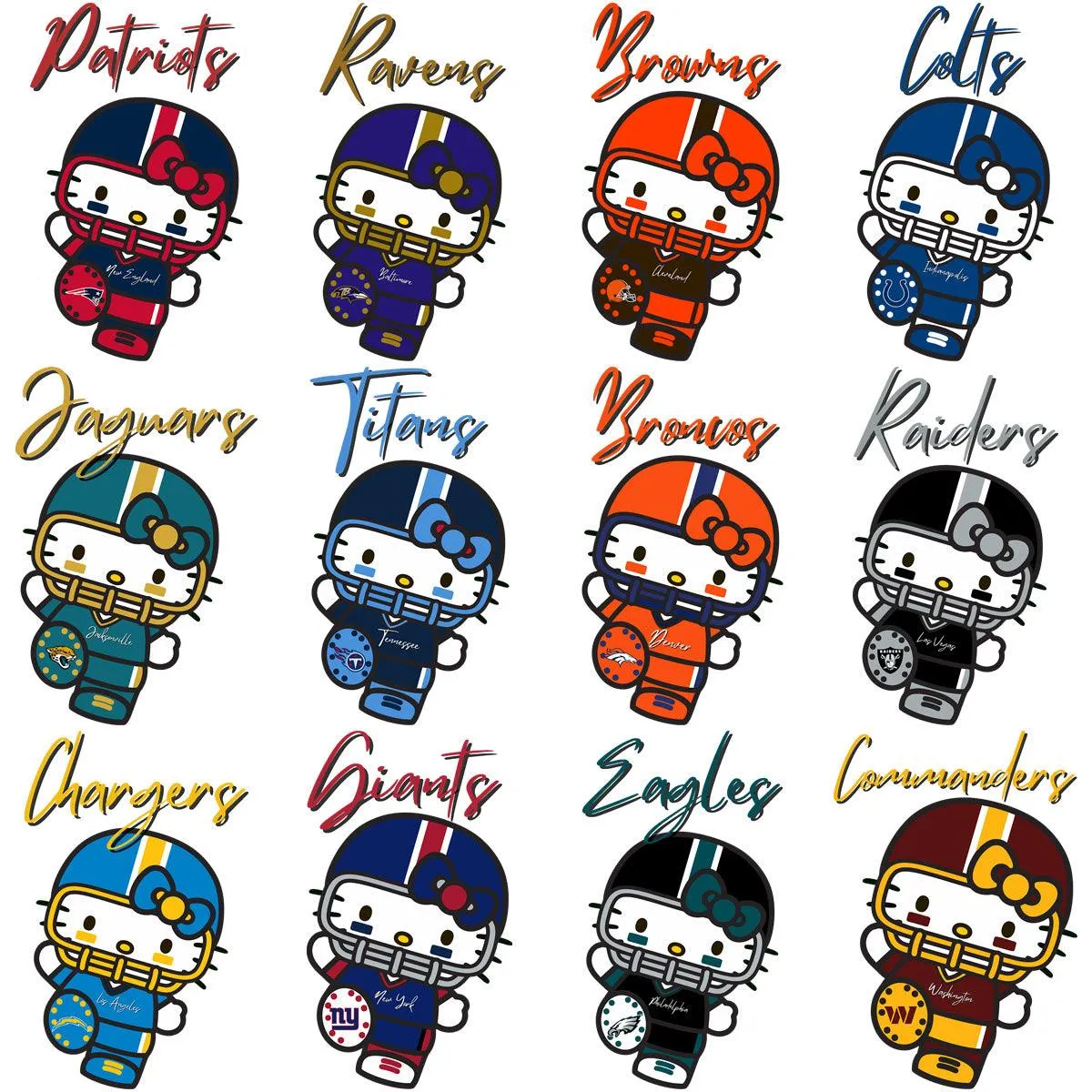 32 Hello Football Kitty Teams Designs Bundle PNG