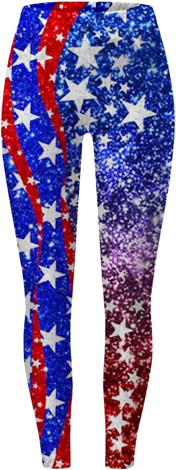 American USA Flag Leggings for Women Patriotic Workout High Waist Yoga Pants Funny Print Butt Lift Tights
