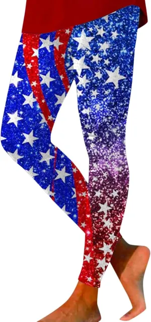 American USA Flag Leggings for Women Patriotic Workout High Waist Yoga Pants Funny Print Butt Lift Tights