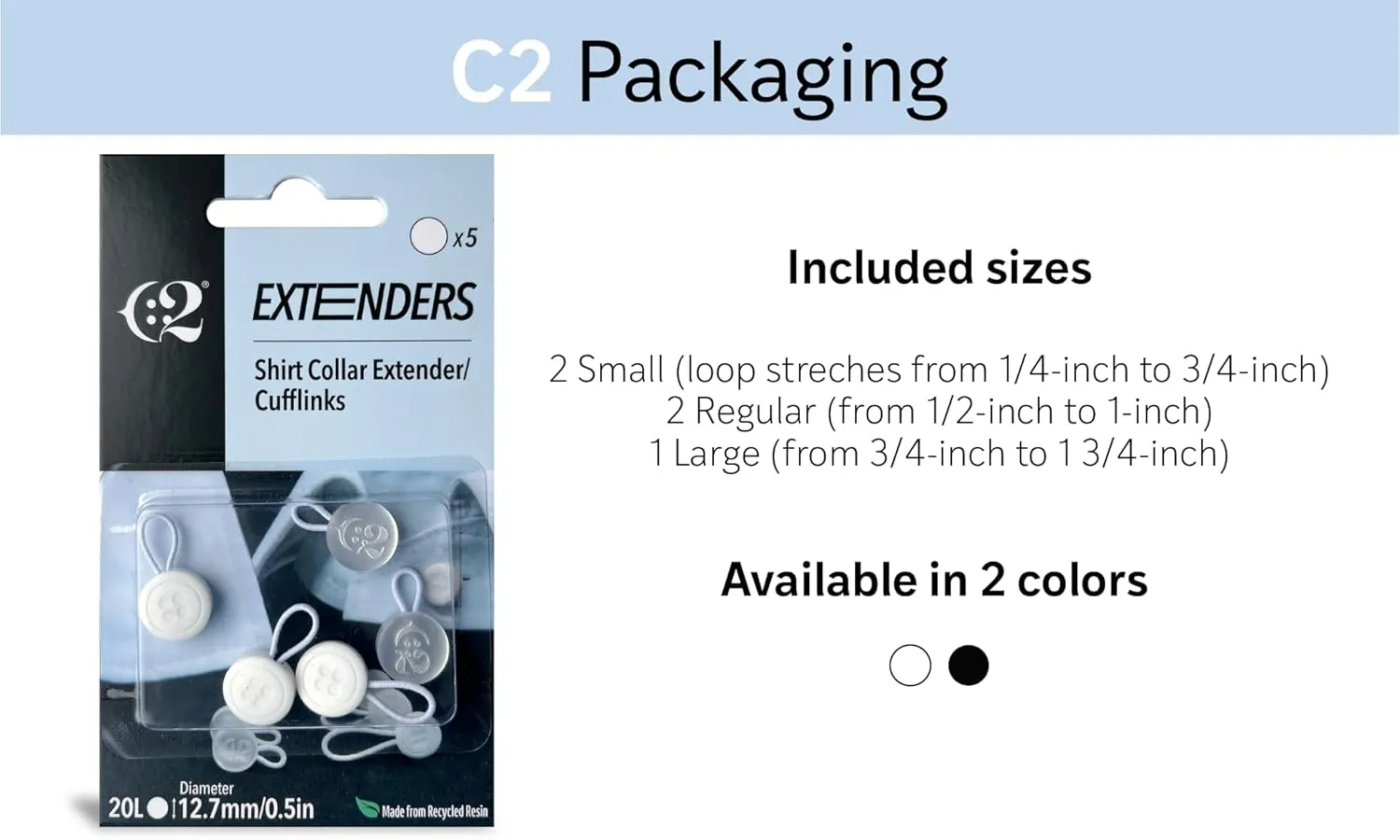 C2 Elastic Shirt Collar Extenders - 5 Pack Neck Button Expander - Non-Metal Button Extender Dress Shirt - 3 Sizes: Small, Regular, and Large - Can be Used as Cufflinks, White and Clear, Large 20 L