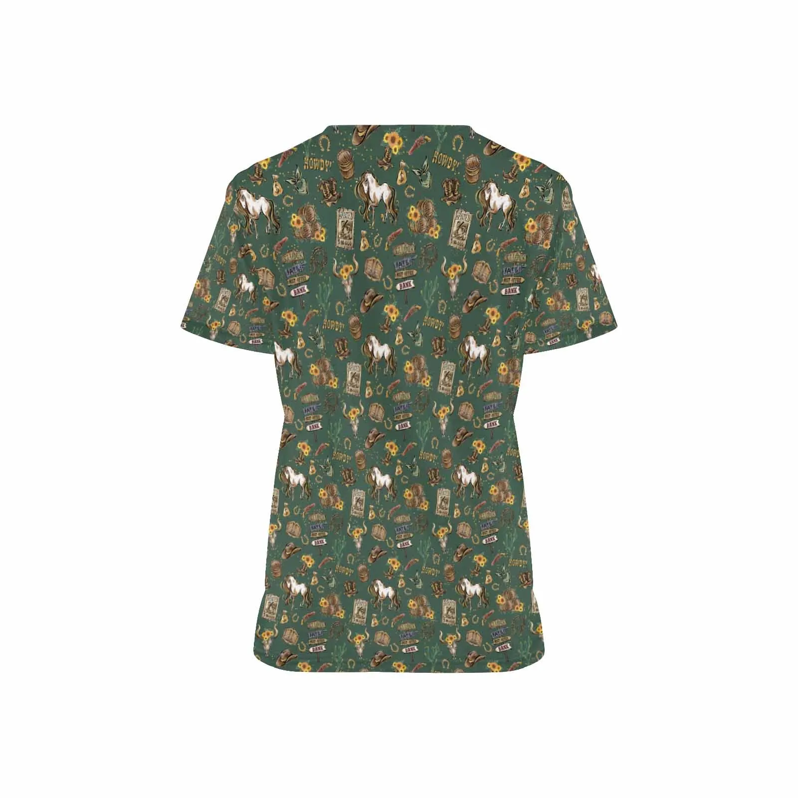 Country and Western Green  Women's V Neck Scrub Top Nurse Uniform with Deep Front Pockets