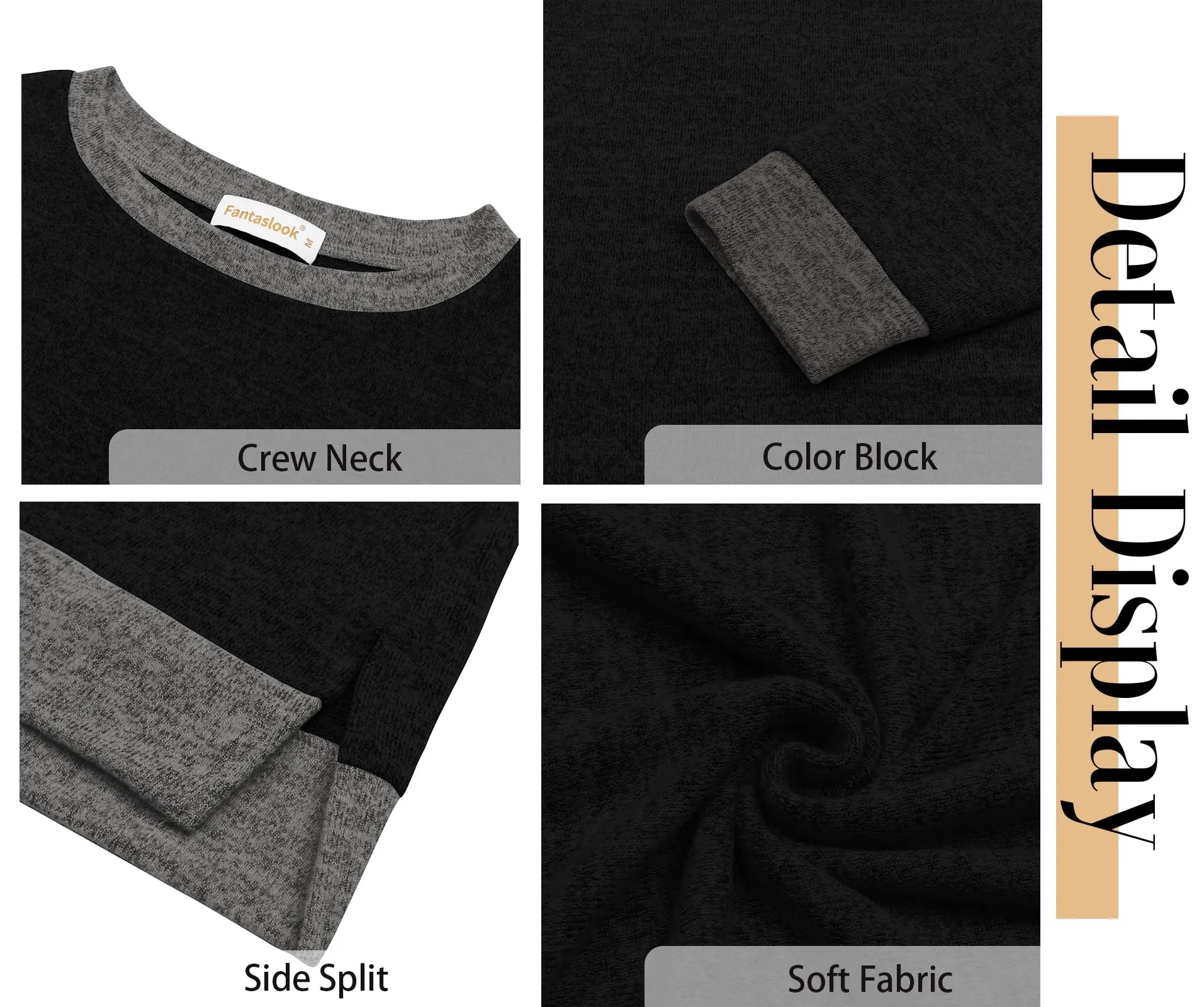 Fantaslook Sweatshirt for Women Long Sleeve Shirts Tunic Tops Color Block Crewneck Sweatshirts Side Split