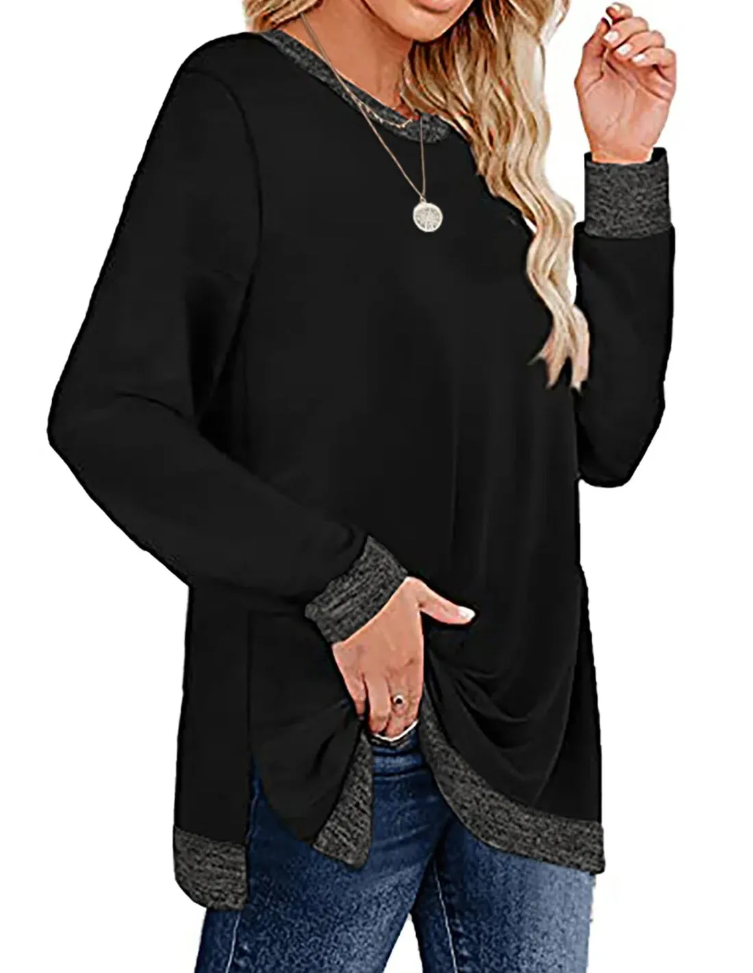 Fantaslook Sweatshirt for Women Long Sleeve Shirts Tunic Tops Color Block Crewneck Sweatshirts Side Split