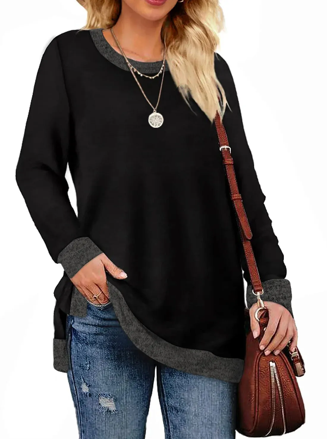 Fantaslook Sweatshirt for Women Long Sleeve Shirts Tunic Tops Color Block Crewneck Sweatshirts Side Split