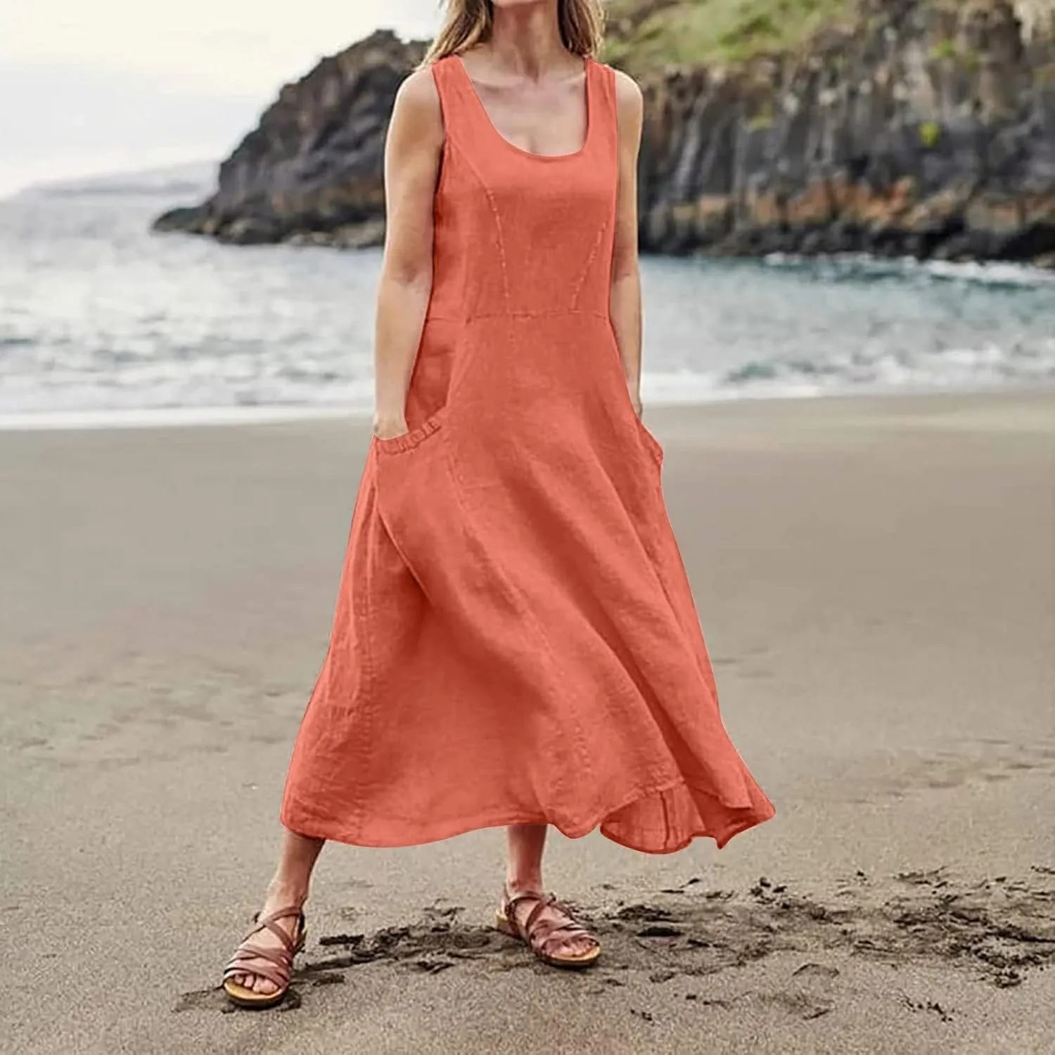 FlekmanArt Women Cotton and Linen Shirt Dress 2023 Summer U Neck Sleeveless Dress Trendy Solid Flowy Beach Dress with Pocket
