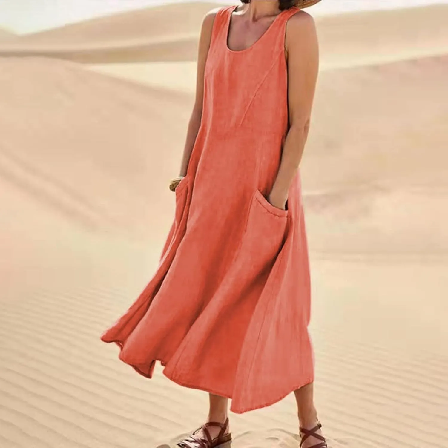 FlekmanArt Women Cotton and Linen Shirt Dress 2023 Summer U Neck Sleeveless Dress Trendy Solid Flowy Beach Dress with Pocket