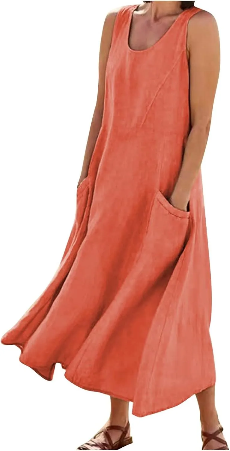 FlekmanArt Women Cotton and Linen Shirt Dress 2023 Summer U Neck Sleeveless Dress Trendy Solid Flowy Beach Dress with Pocket