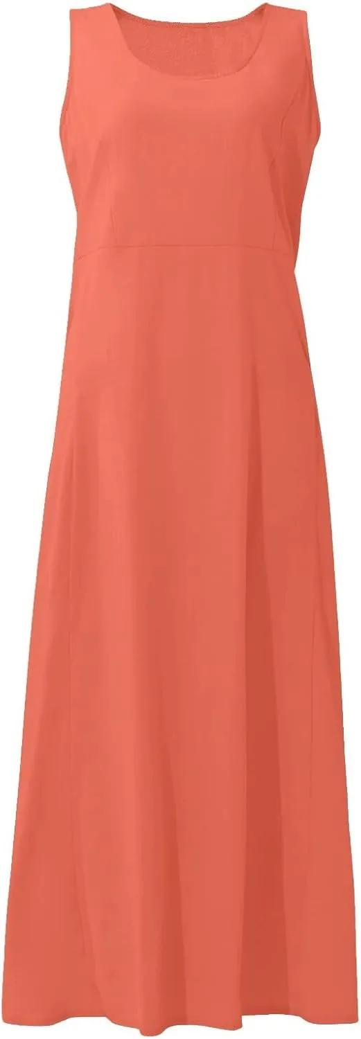 FlekmanArt Women Cotton and Linen Shirt Dress 2023 Summer U Neck Sleeveless Dress Trendy Solid Flowy Beach Dress with Pocket