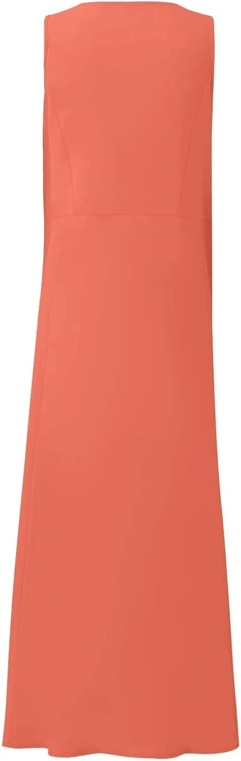 FlekmanArt Women Cotton and Linen Shirt Dress 2023 Summer U Neck Sleeveless Dress Trendy Solid Flowy Beach Dress with Pocket