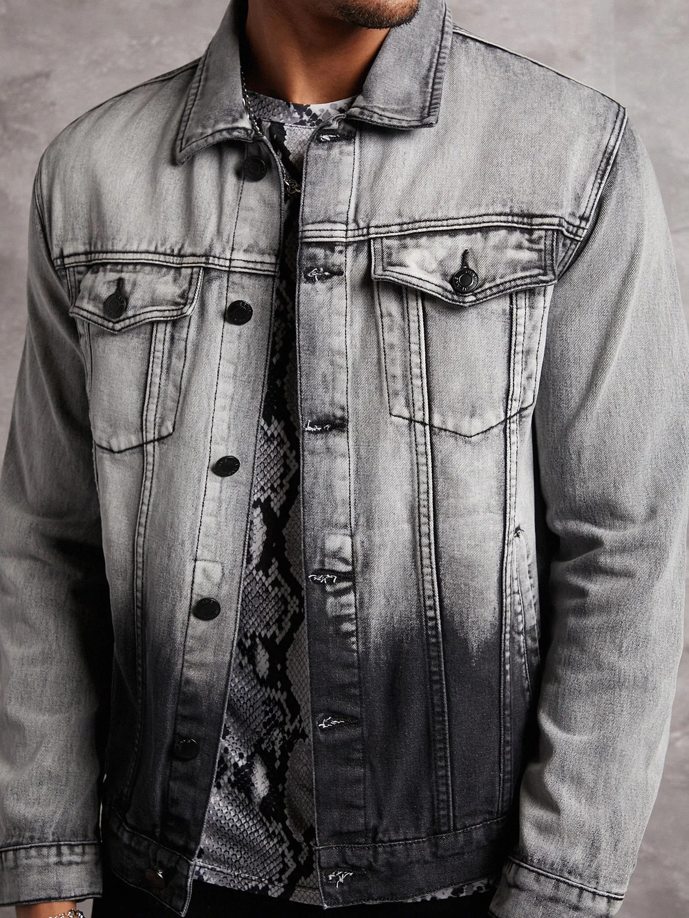 Grey Ombre Flap Pocket Button Front Denim Jacket