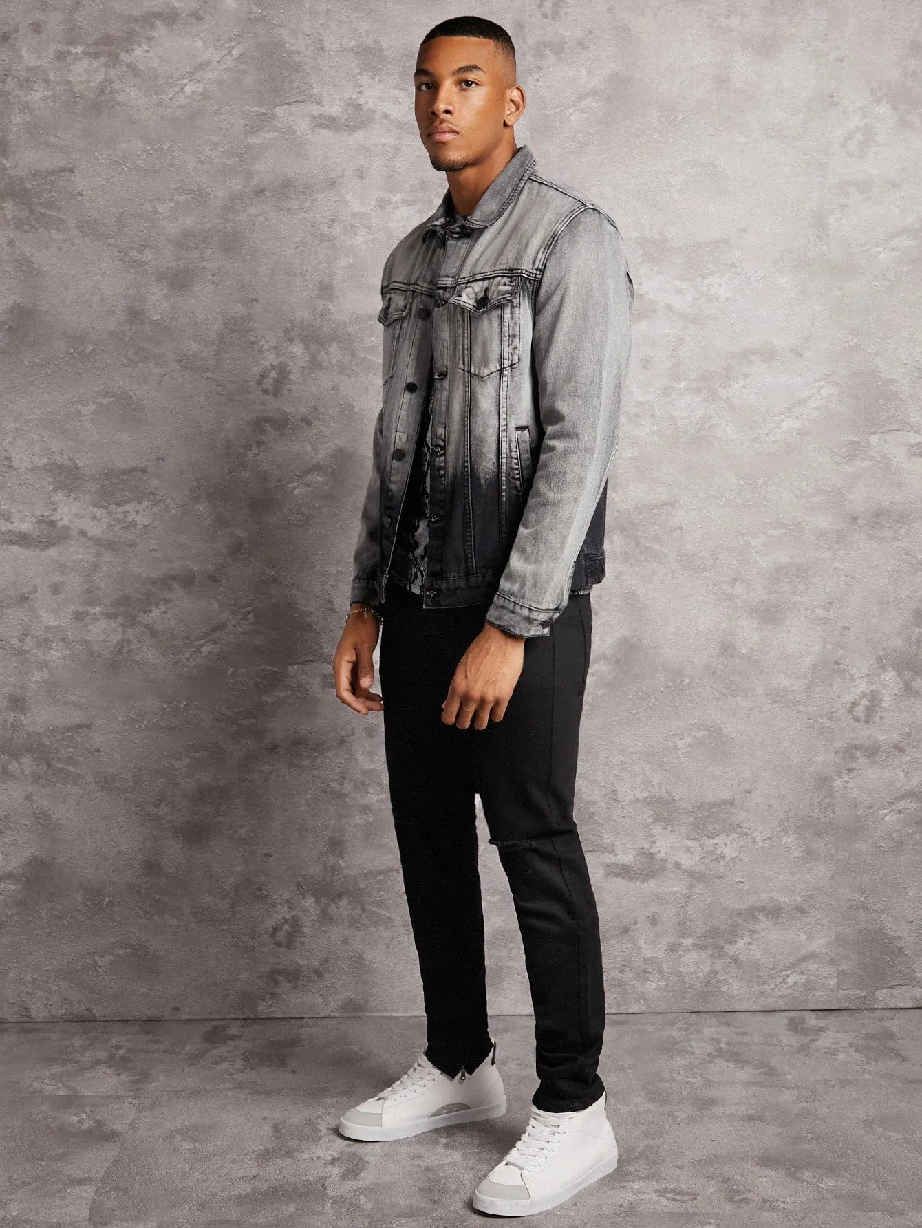 Grey Ombre Flap Pocket Button Front Denim Jacket