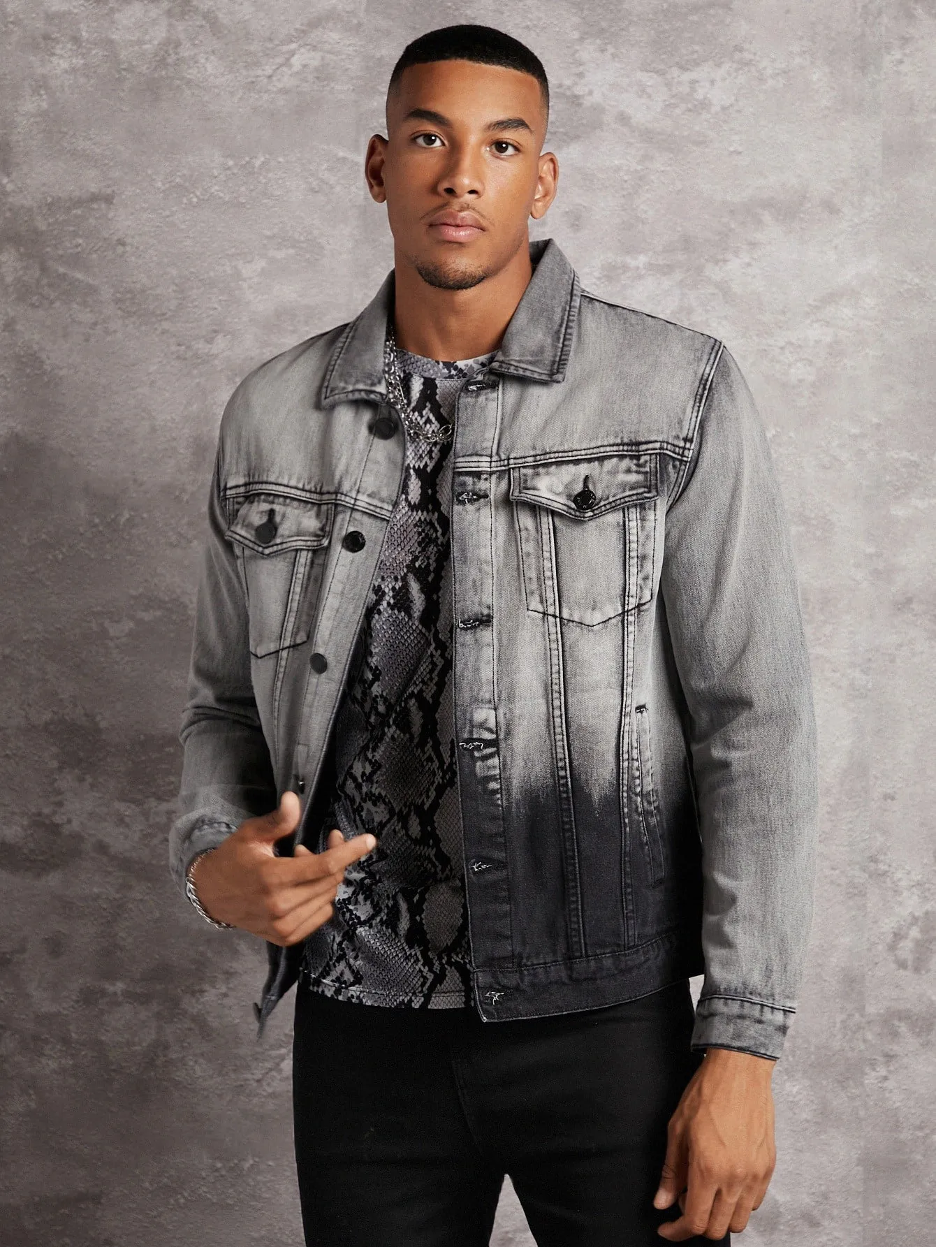 Grey Ombre Flap Pocket Button Front Denim Jacket