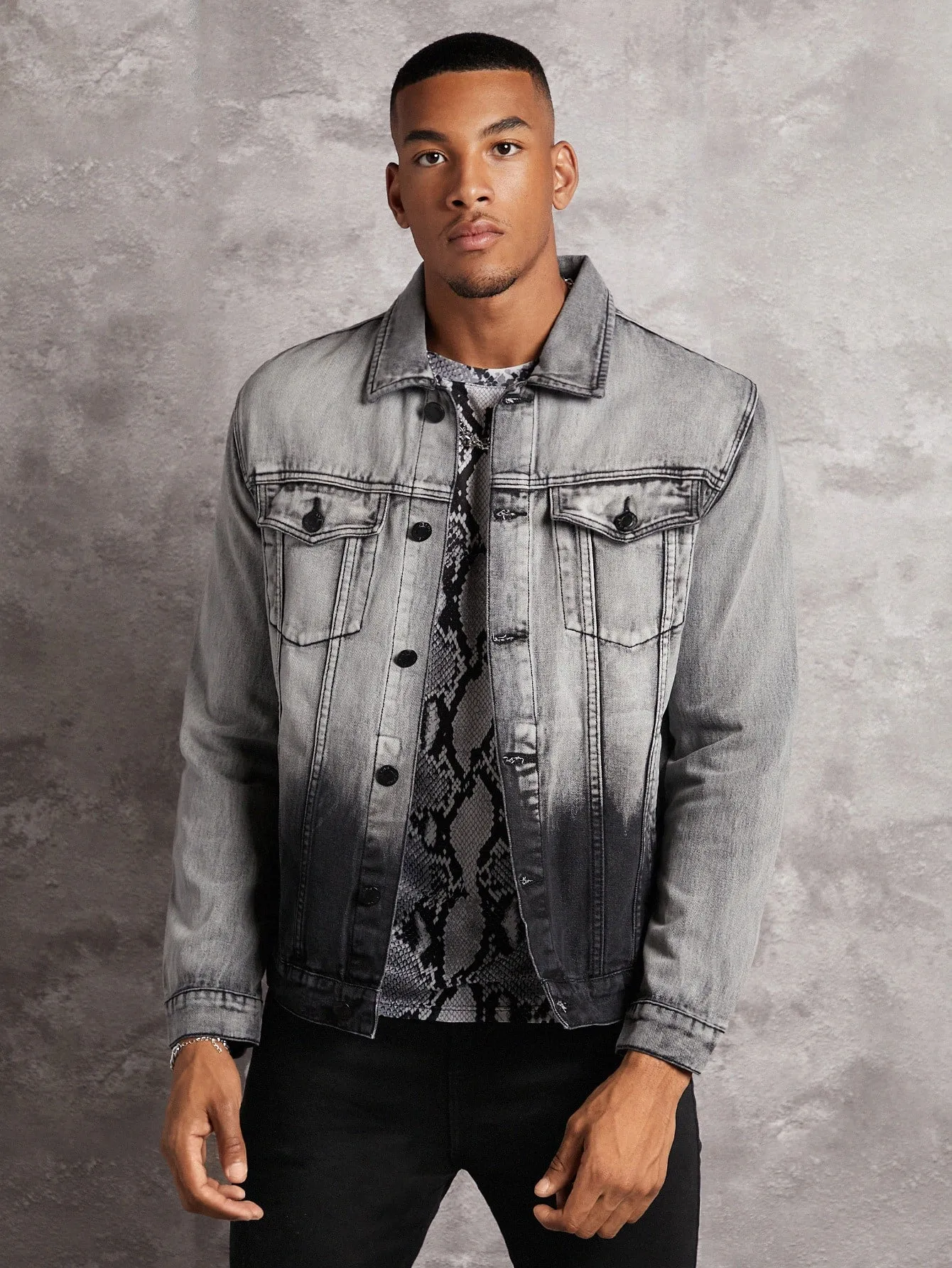 Grey Ombre Flap Pocket Button Front Denim Jacket