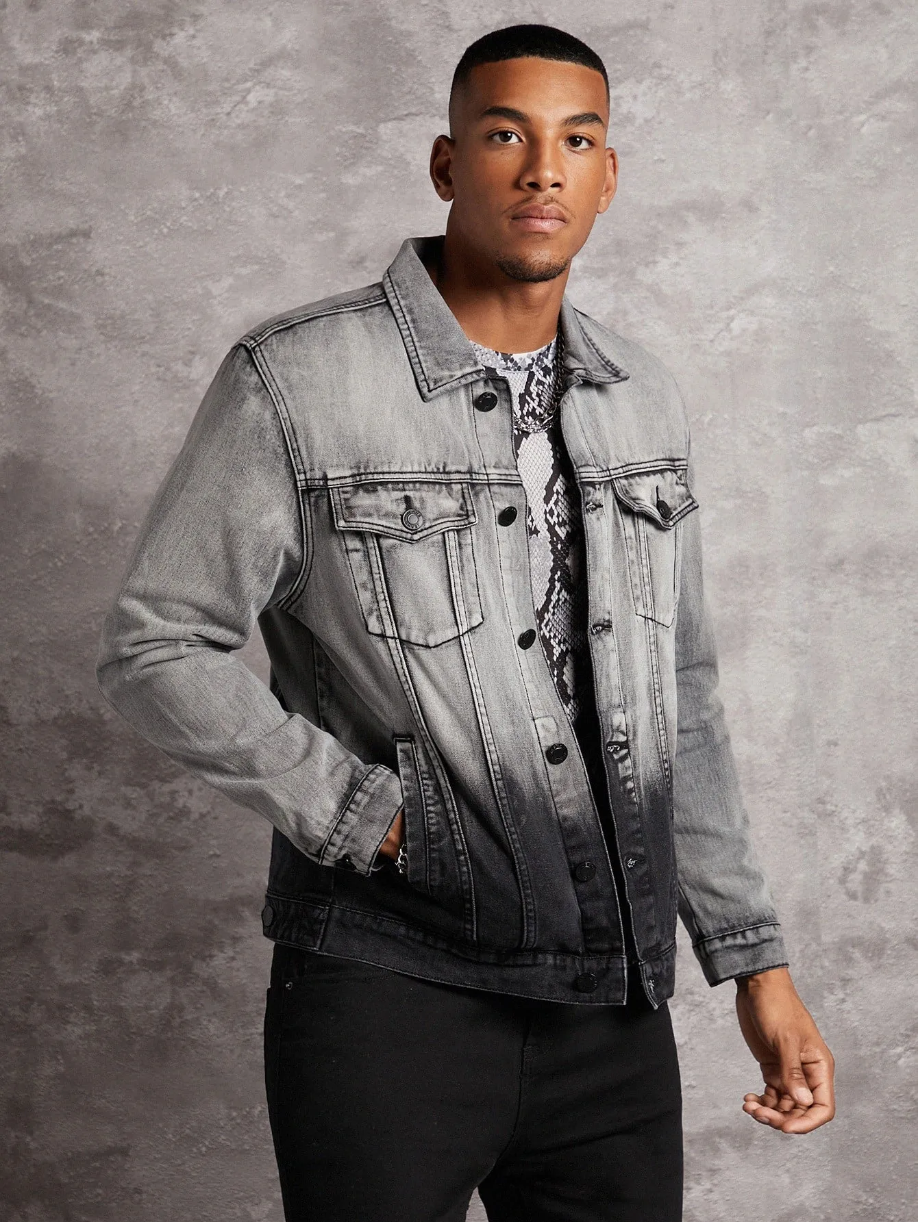 Grey Ombre Flap Pocket Button Front Denim Jacket