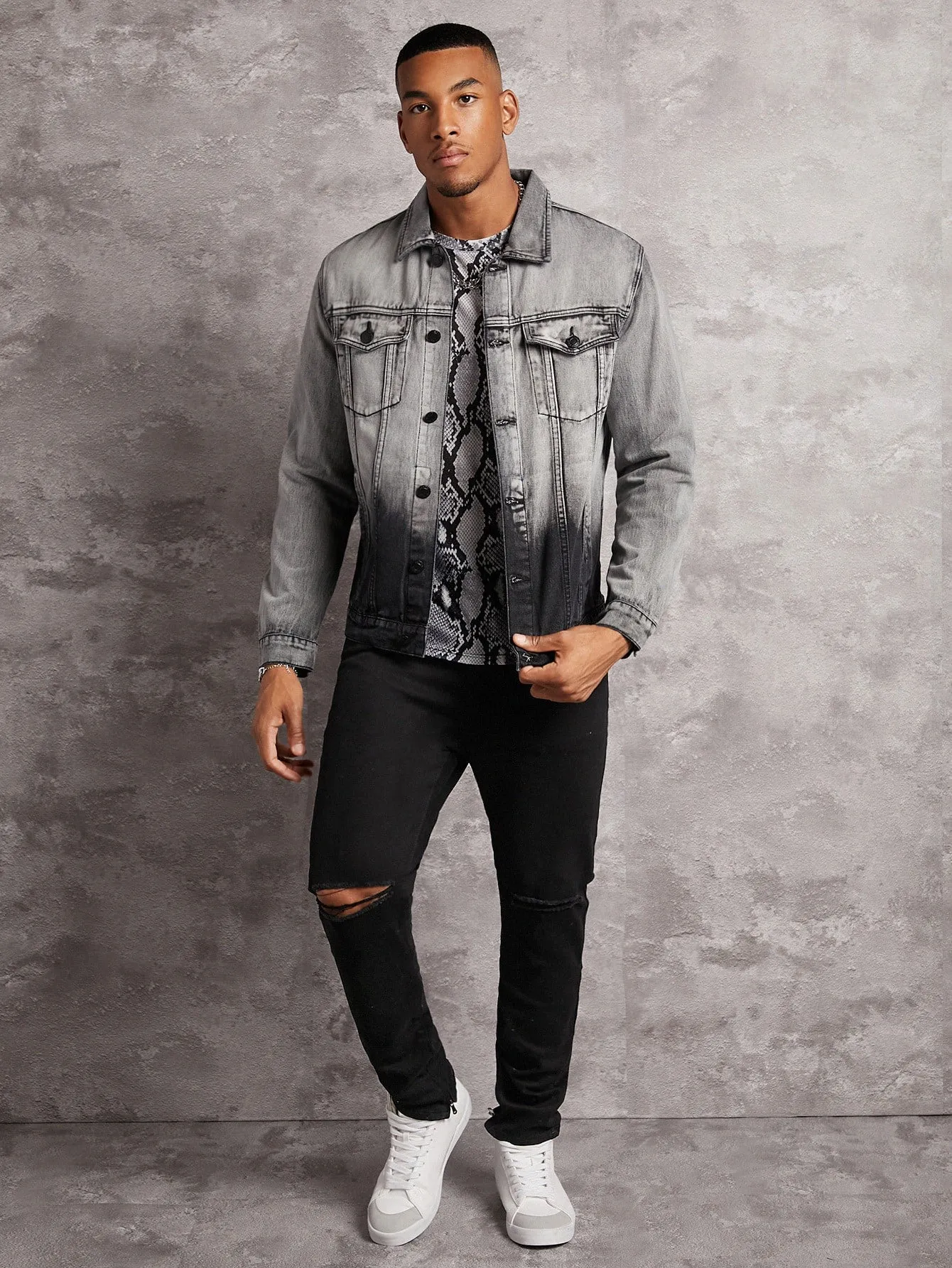 Grey Ombre Flap Pocket Button Front Denim Jacket