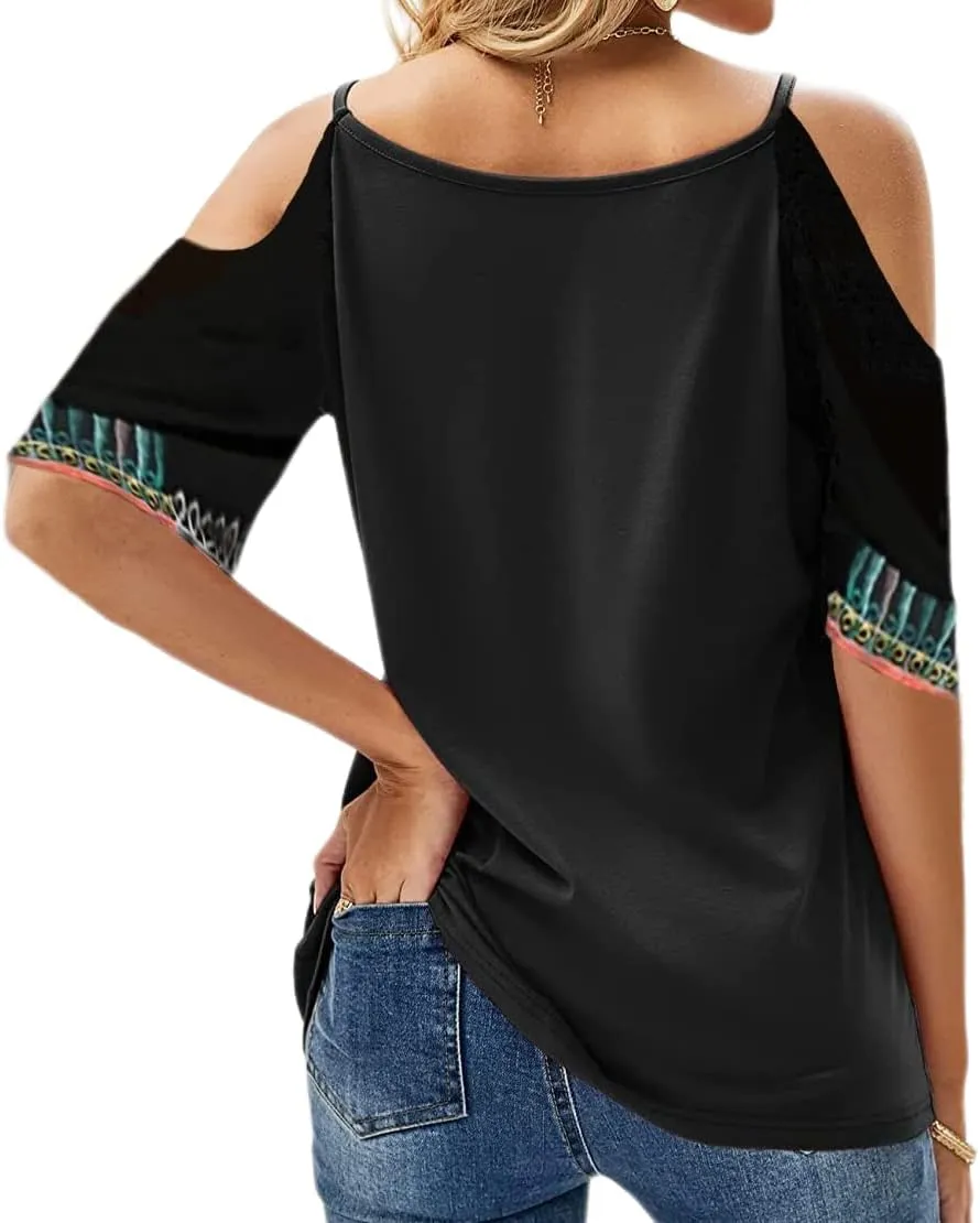 Melliflo Women Embroidered Cold Shoulder Tops Casual Peasant Blouses Summer Short Sleeve Mexican Shirts