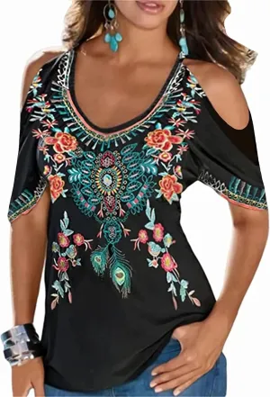 Melliflo Women Embroidered Cold Shoulder Tops Casual Peasant Blouses Summer Short Sleeve Mexican Shirts