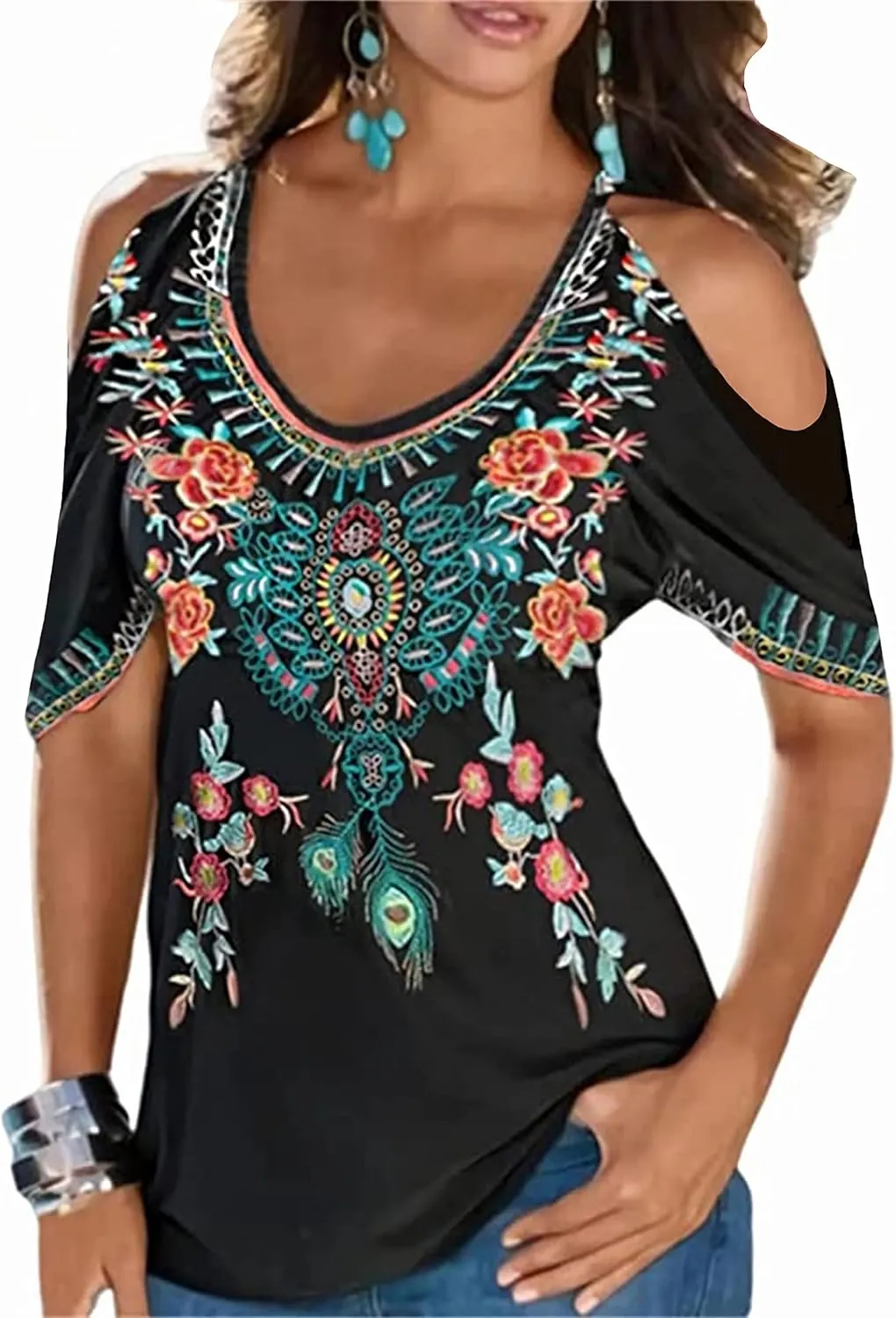 Melliflo Women Embroidered Cold Shoulder Tops Casual Peasant Blouses Summer Short Sleeve Mexican Shirts