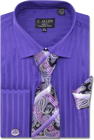 Men's Solid Striped Herringbone Regular Fit French Cuffs Dress Shirts with Tie Hanky Cufflinks Combo
