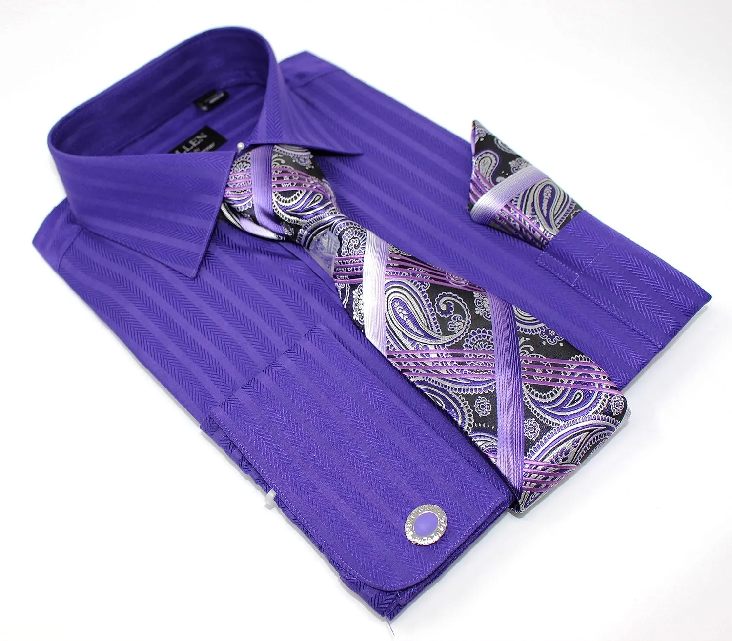 Men's Solid Striped Herringbone Regular Fit French Cuffs Dress Shirts with Tie Hanky Cufflinks Combo