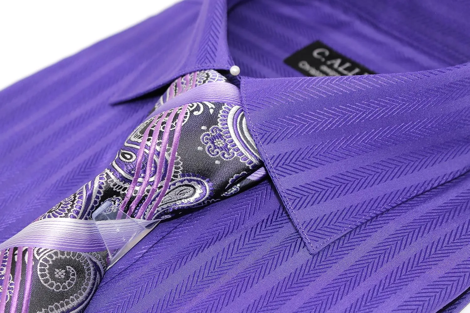 Men's Solid Striped Herringbone Regular Fit French Cuffs Dress Shirts with Tie Hanky Cufflinks Combo