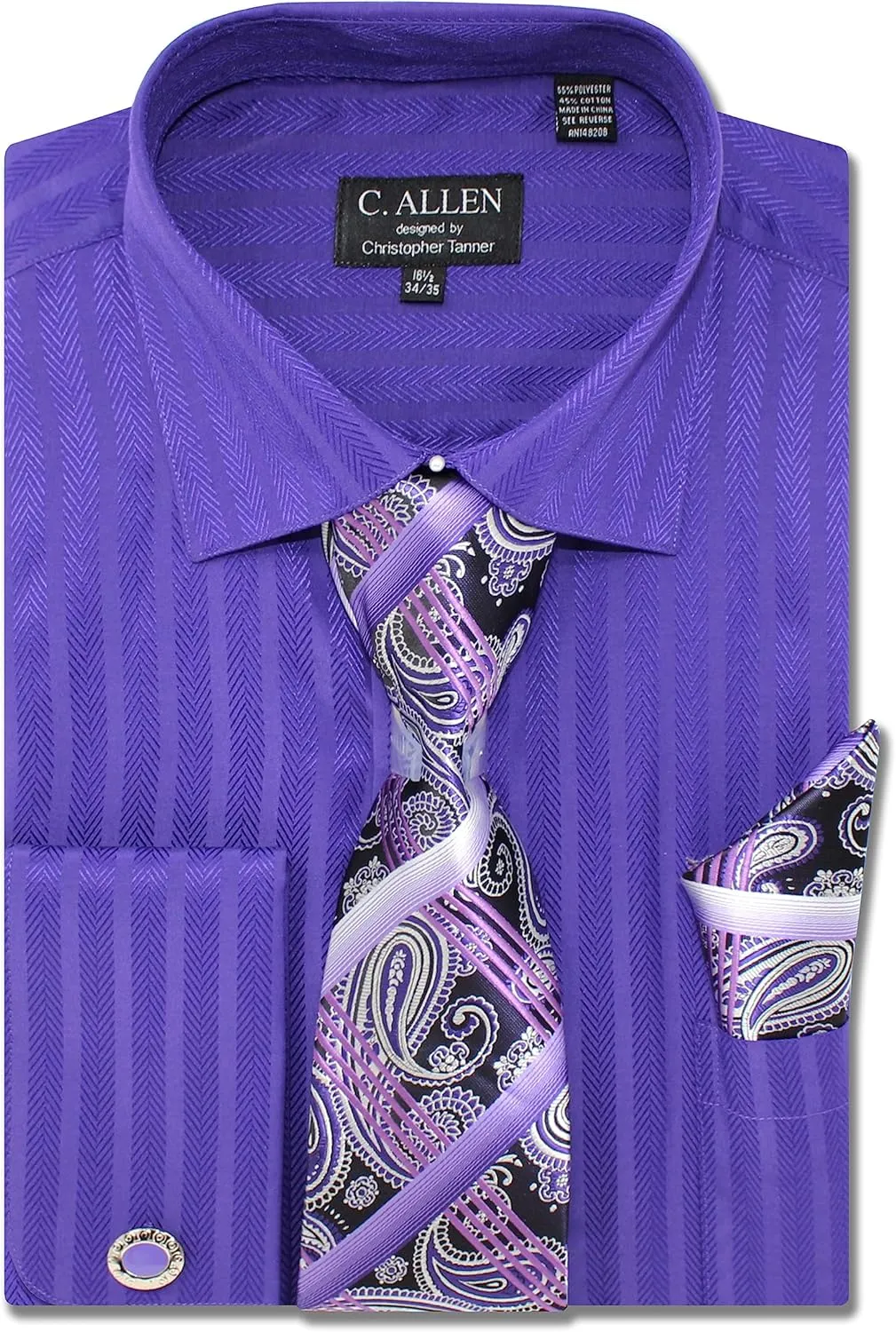 Men's Solid Striped Herringbone Regular Fit French Cuffs Dress Shirts with Tie Hanky Cufflinks Combo