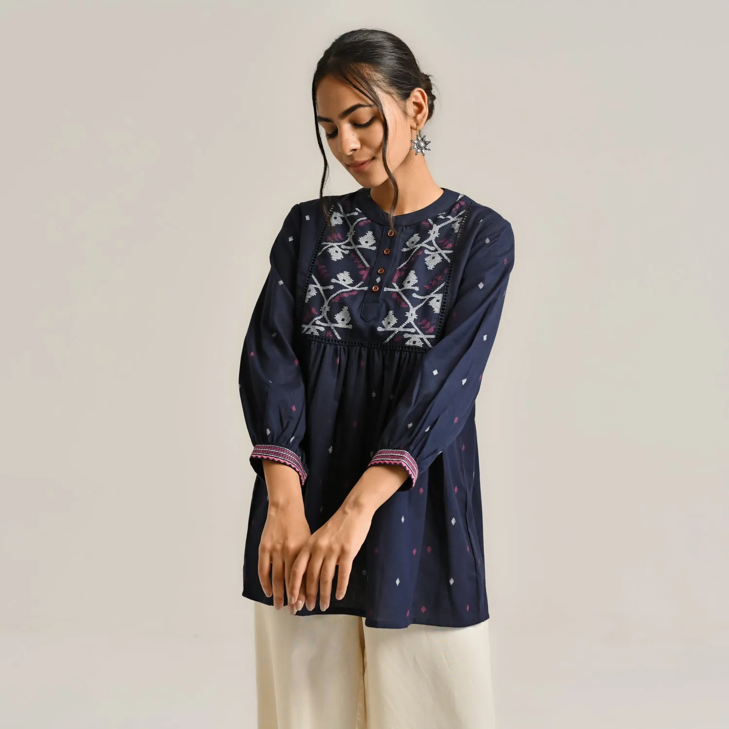 Navy Linen Cotton Jamdani Printed Tunic