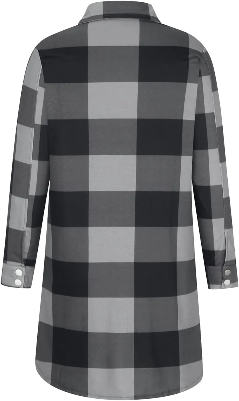 Plaid Button Down Shirts for Women Oversized Long Sleeve Flannel Jackets Loose Fit Fall Tops Hoodies with Pocket