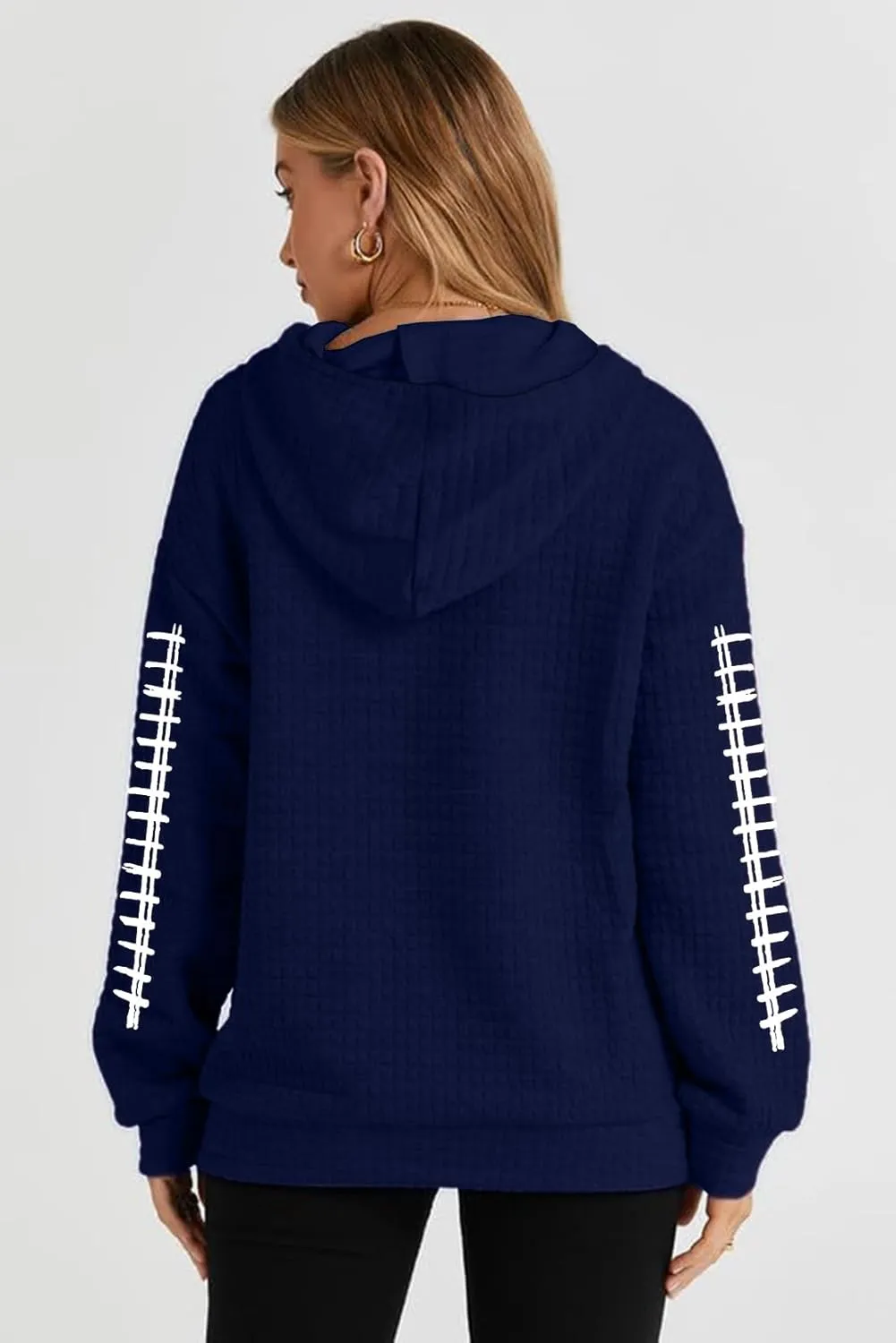 VILOVE Game Day Hooded Sweatshirt Women Funny Football Graphic Shirt Waffle Knit Game Day Pullover Hoodies Long Sleeve