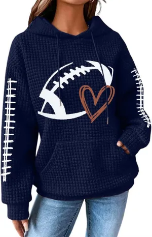VILOVE Game Day Hooded Sweatshirt Women Funny Football Graphic Shirt Waffle Knit Game Day Pullover Hoodies Long Sleeve