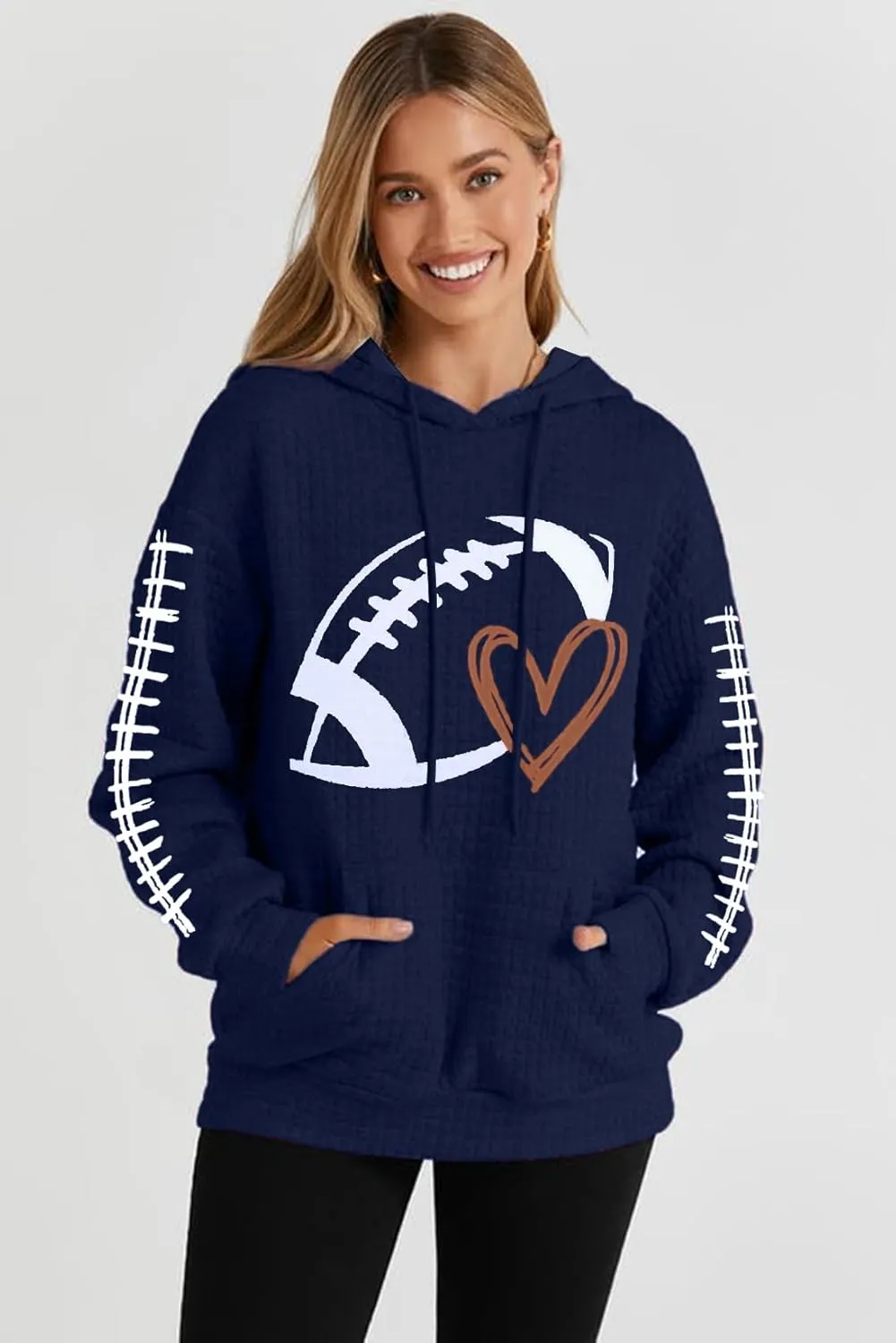 VILOVE Game Day Hooded Sweatshirt Women Funny Football Graphic Shirt Waffle Knit Game Day Pullover Hoodies Long Sleeve
