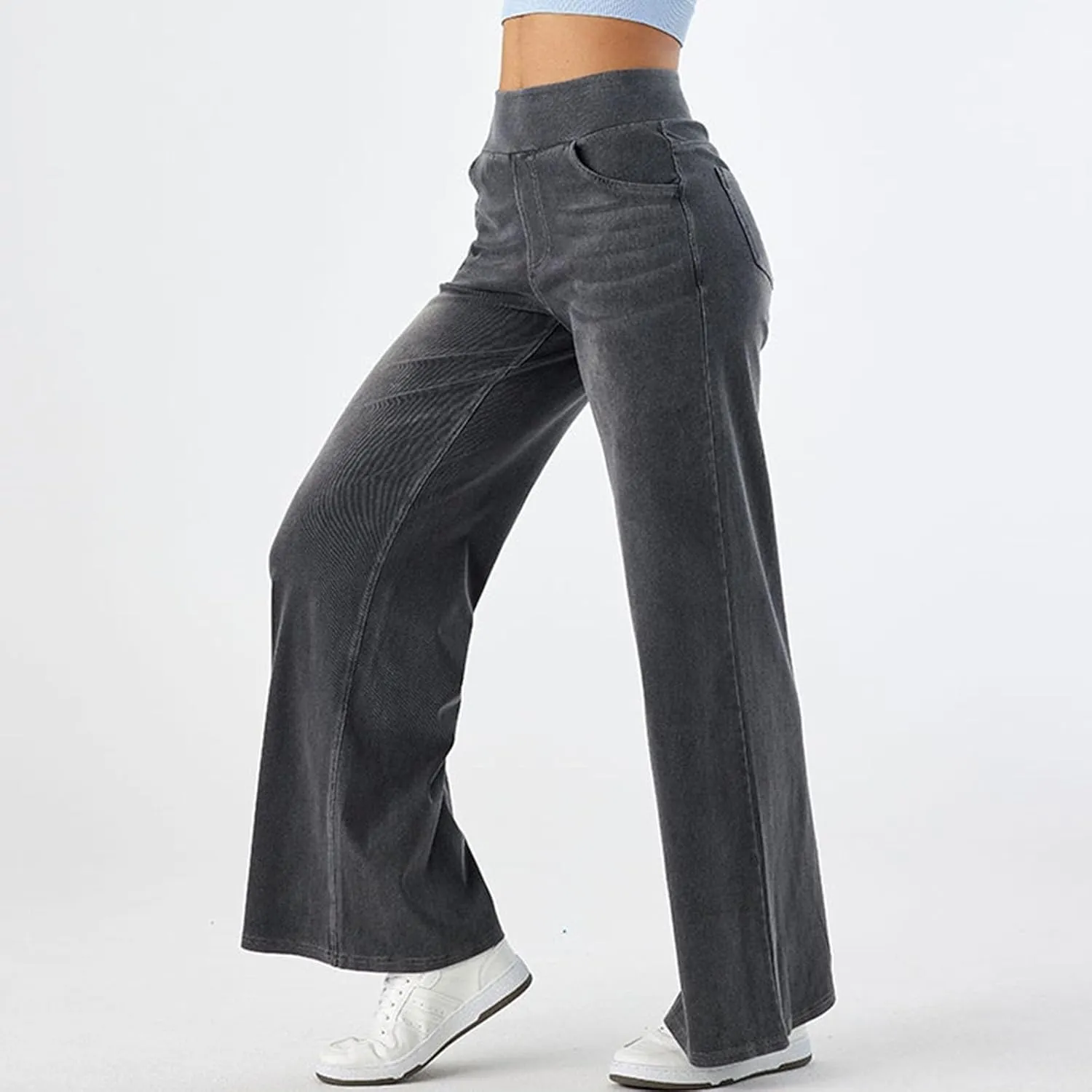 Women High Waisted Jeans Sweatpants That Look Like Jeans Stretchy Pull On Wide Leg Denim Pants with Pockets