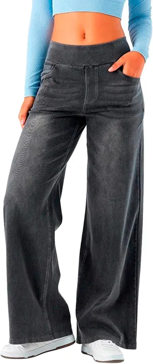 Women High Waisted Jeans Sweatpants That Look Like Jeans Stretchy Pull On Wide Leg Denim Pants with Pockets