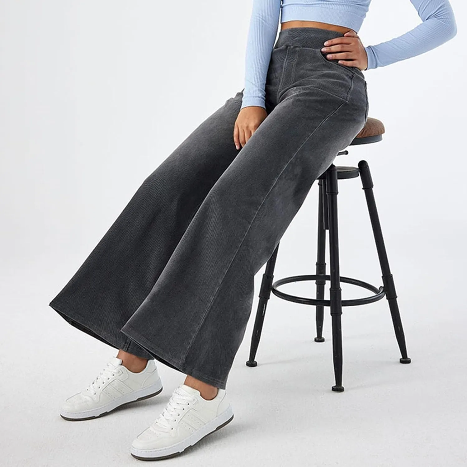 Women High Waisted Jeans Sweatpants That Look Like Jeans Stretchy Pull On Wide Leg Denim Pants with Pockets