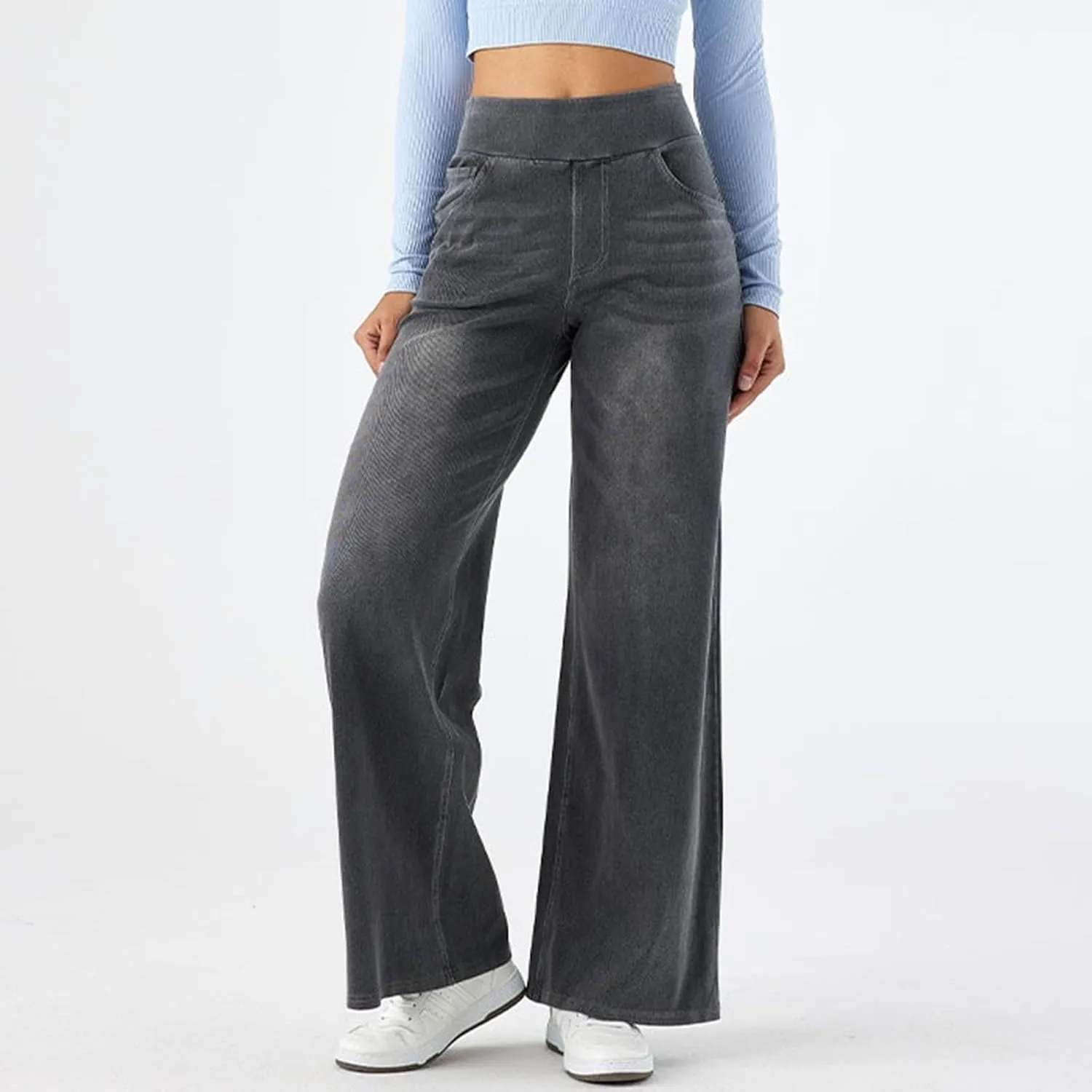 Women High Waisted Jeans Sweatpants That Look Like Jeans Stretchy Pull On Wide Leg Denim Pants with Pockets