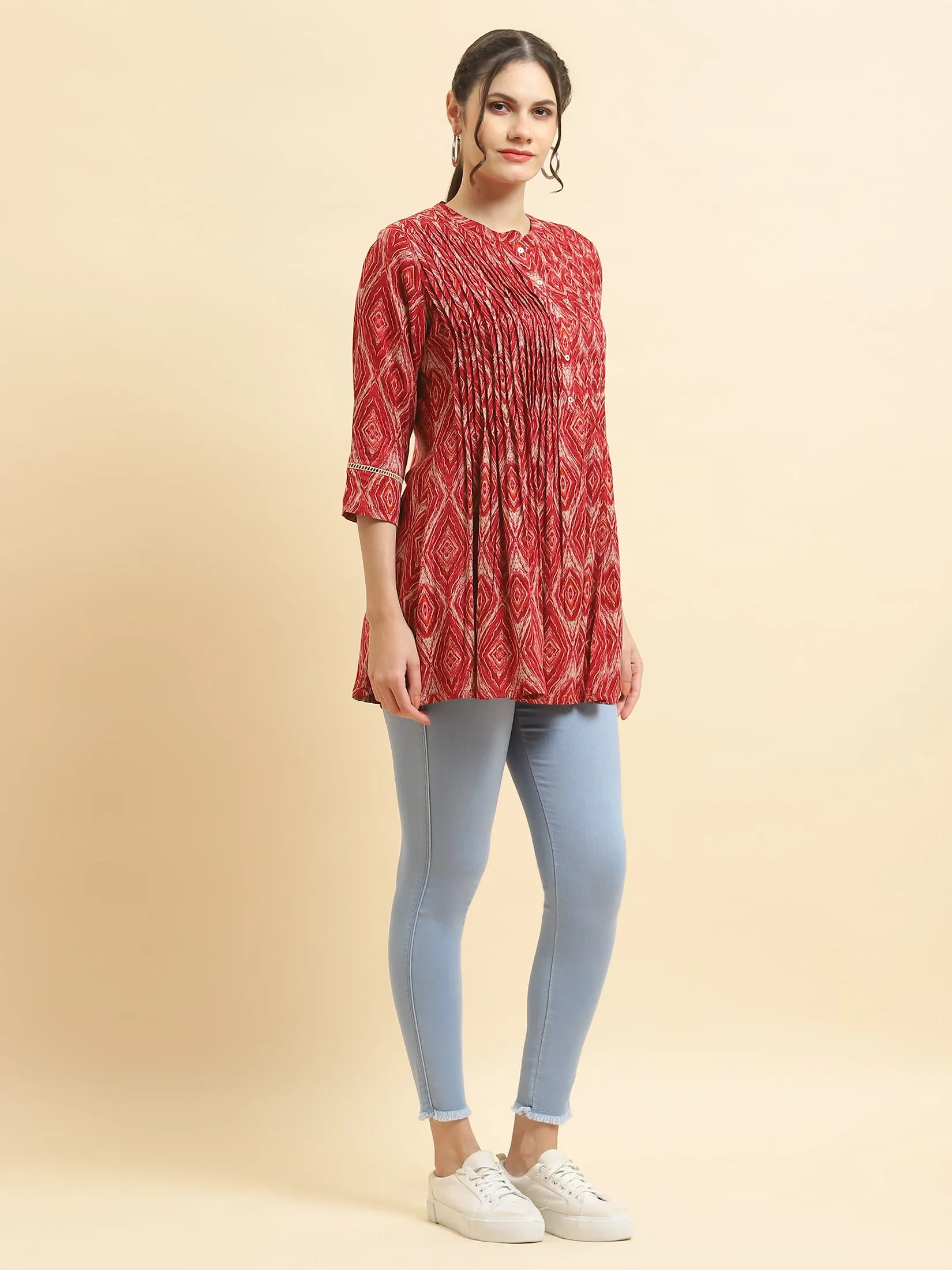 Women Liva Rayon Red Geometric Print Tunic