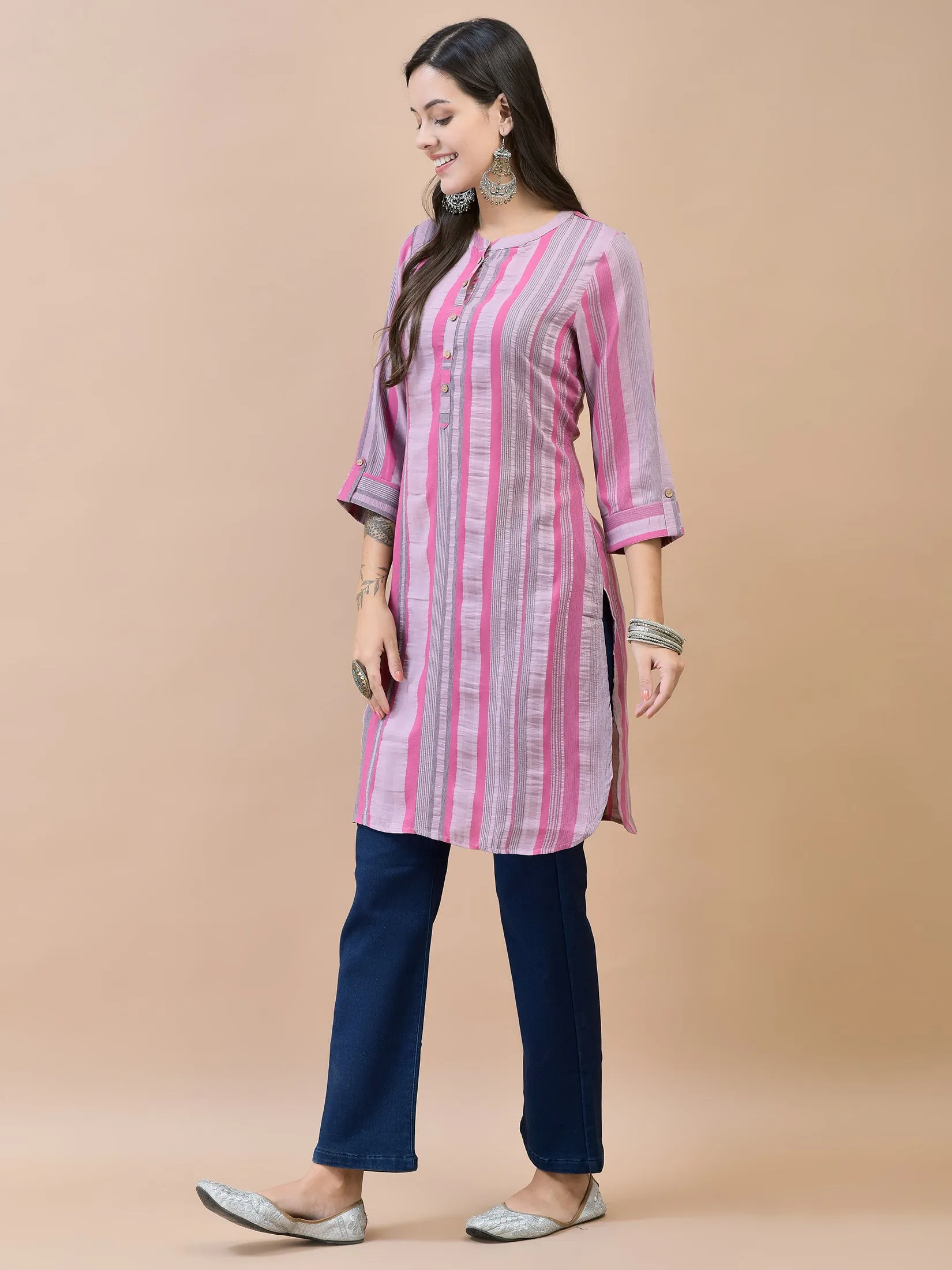 Women Poly Viscose Pink Stripe Print Kurti