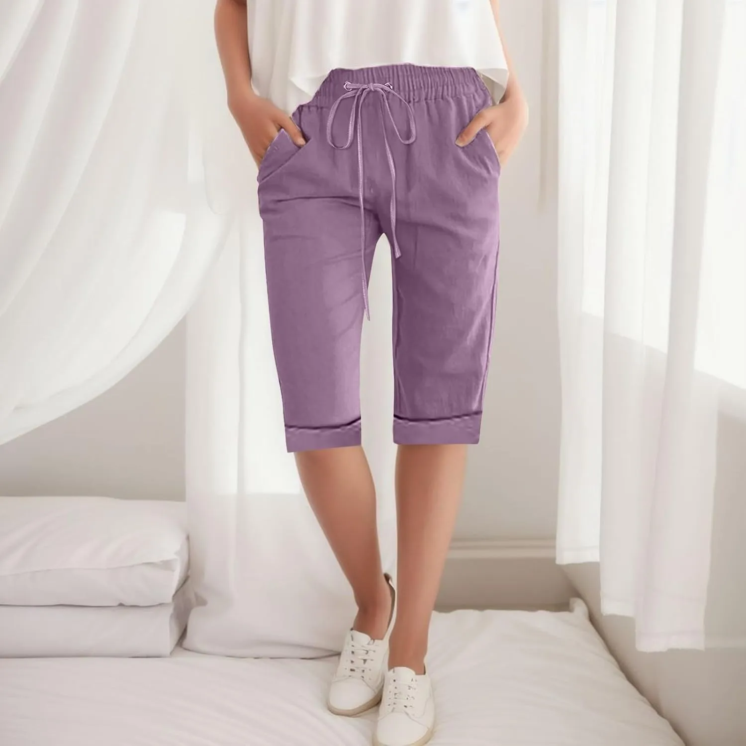 Women Wide Leg Cotton and Linen Pants 2025 Summer High Waist Palazzo Pants Jogger Pleated Trouser with Pocket