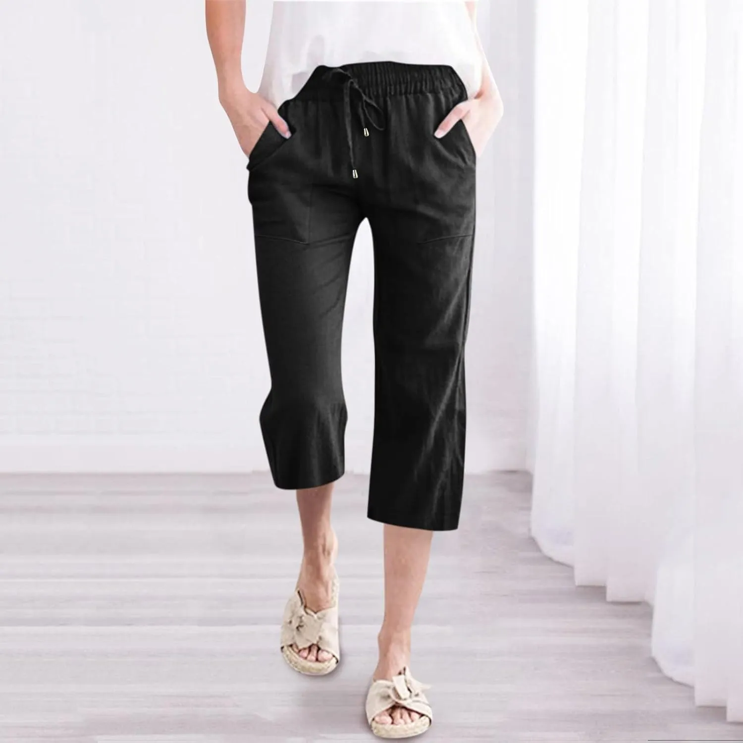 Women's Capri Summer Cotton Linen Pants Casual 2025 Drawstring Elastic Waist Cropped Trousers Beach Clothes