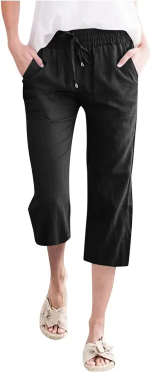 Women's Capri Summer Cotton Linen Pants Casual 2025 Drawstring Elastic Waist Cropped Trousers Beach Clothes