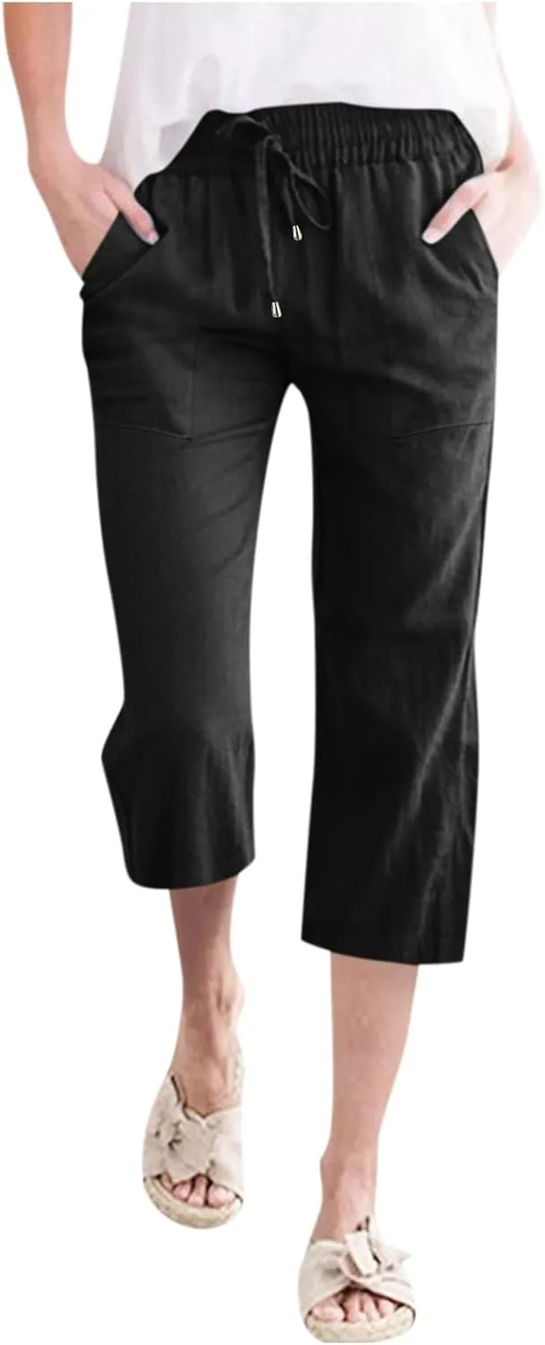 Women's Capri Summer Cotton Linen Pants Casual 2025 Drawstring Elastic Waist Cropped Trousers Beach Clothes