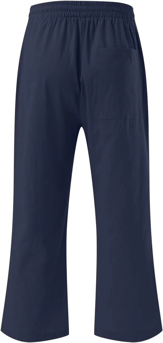 Women's Capris Summer Cotton Linen Pants Casual Lightweight Elastic Cropped Trousers Palazzo Pants