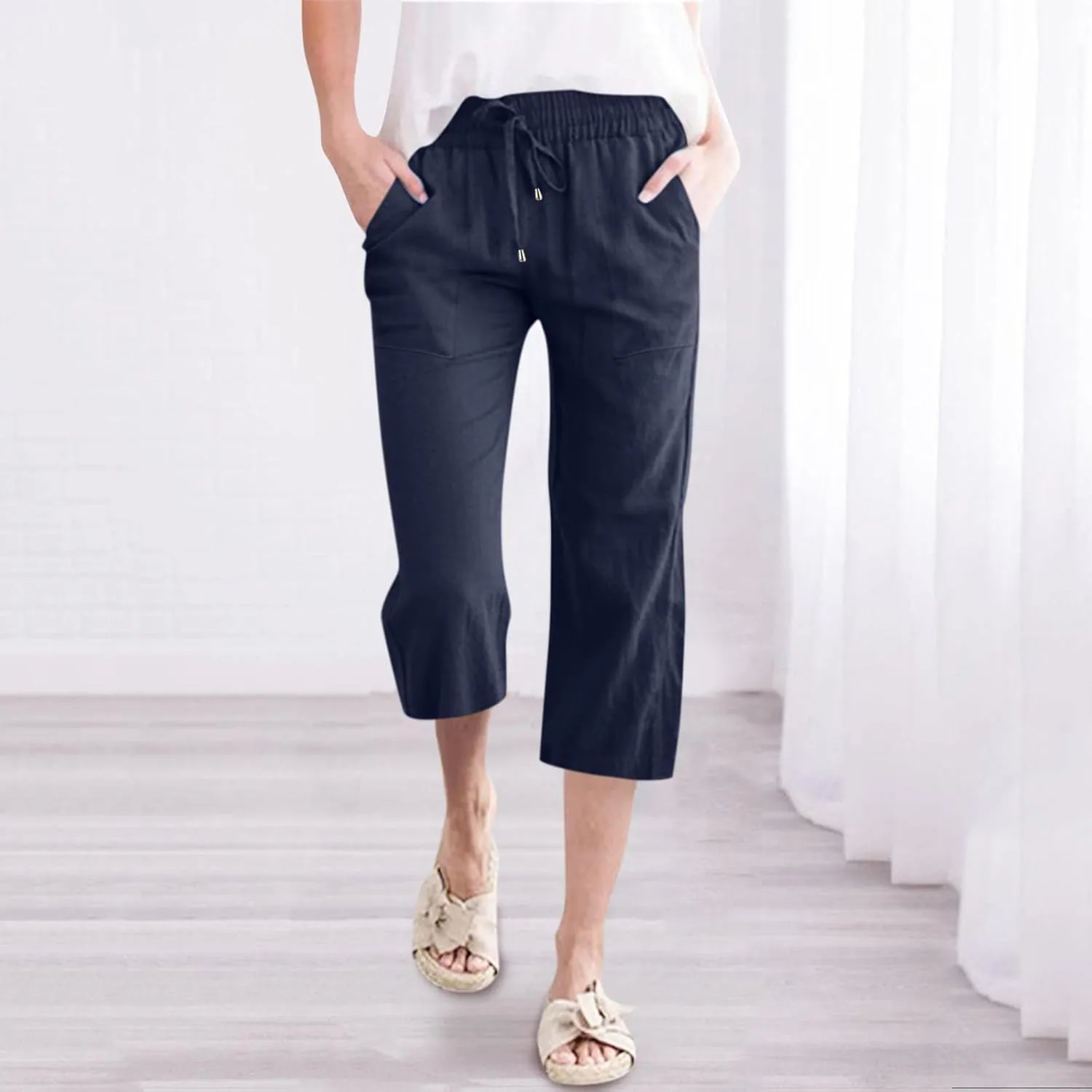 Women's Capris Summer Cotton Linen Pants Casual Lightweight Elastic Cropped Trousers Palazzo Pants