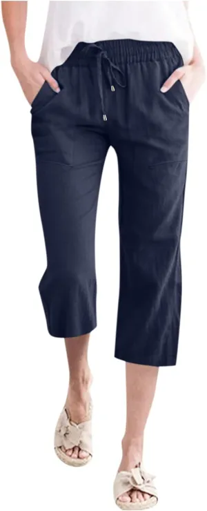 Women's Capris Summer Cotton Linen Pants Casual Lightweight Elastic Cropped Trousers Palazzo Pants