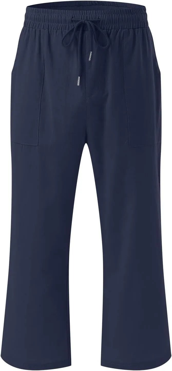 Women's Capris Summer Cotton Linen Pants Casual Lightweight Elastic Cropped Trousers Palazzo Pants
